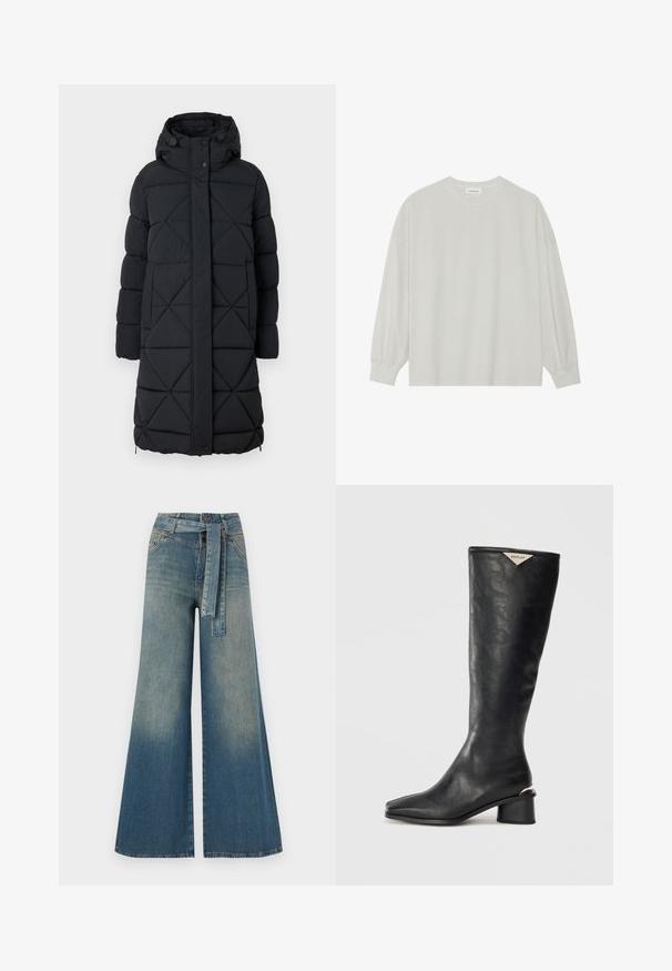 Fekete puffernadrág kapucnival, gyémántvarrásos dizájnnal, patentos záródással és elasztikus mandzsettákkal. Hosszú fazon a megnövelt melegségért.; Világosszürke, hosszú ujjú póló, puha pamutból készült. Szabad, laza szabású, kerek nyakkivágással és finoman ráncolt mandzsettával rendelkezik. Nincs rajta minta vagy grafikák.; Bőszárú farmernadrág, világos és sötétkék árnyalatokkal, magas derekú, övgyűrűkkel és a nadrággal megegyező anyagú övvel. Textúrált farmer kivitel.; Fekete, térd fölé érő csizma sima bőrből, négyzetes orral és közepes tömegű sarokkal, ami fémes akcentussal van ellátva.