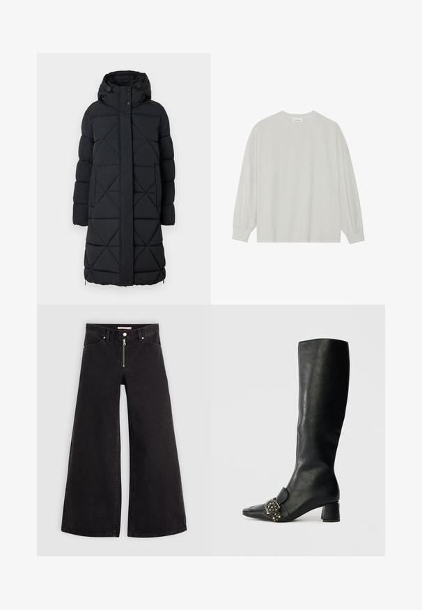 Zwarte pufferjas met capuchon, voorzien van een ruitvormig quilty ontwerp, drukknoopsluiting en elastische manchetten. Lange lengte voor extra warmte.; Lichtgrijze langarm t-shirt van zacht katoen. Heeft een losse pasvorm, ronde halslijn en zachtGathered manchetten. Geen patronen of graphics.; Wijdvallende jeans van zwarte denim met een ritssluiting aan de voorkant, vijf zakken en subtiele stikdetails. Soepele textuur en casual stijl.; Knielange zwarte leren laars met een spitse neus, vierkante gespdetails en decoratieve studs; heeft een lage blokhak.
