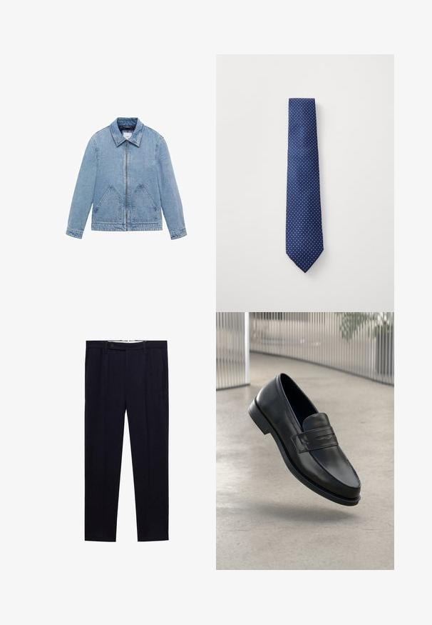 Svijetloplavi traper jakna s ovratnikom, prednjim patentnim zatvaračem, dva trokuta džepa i dugim rukavima. Glatka tekstura, ležerni dizajn.; Bijela košulja dugih rukava s dugim ovratnikom, s glatkom teksturom i sedam gumba sprijeda.; Tamno plave hlače s ravnim krojem, dvostrukim nabora i dugmetom za zatvaranje u struku. Izrađene od glatkog materijala bez uzoraka.; Crni kožni loafer glatke teksture, špicastog vrha i ukrasnim remenom preko gornjeg dijela stopala. Lagani potplat, minimalistički dizajn.; Mornarsko plava kravata s malim bijelim točkicama, izrađena od glatkog materijala, sa šiljastim vrhom i standardnom širinom.