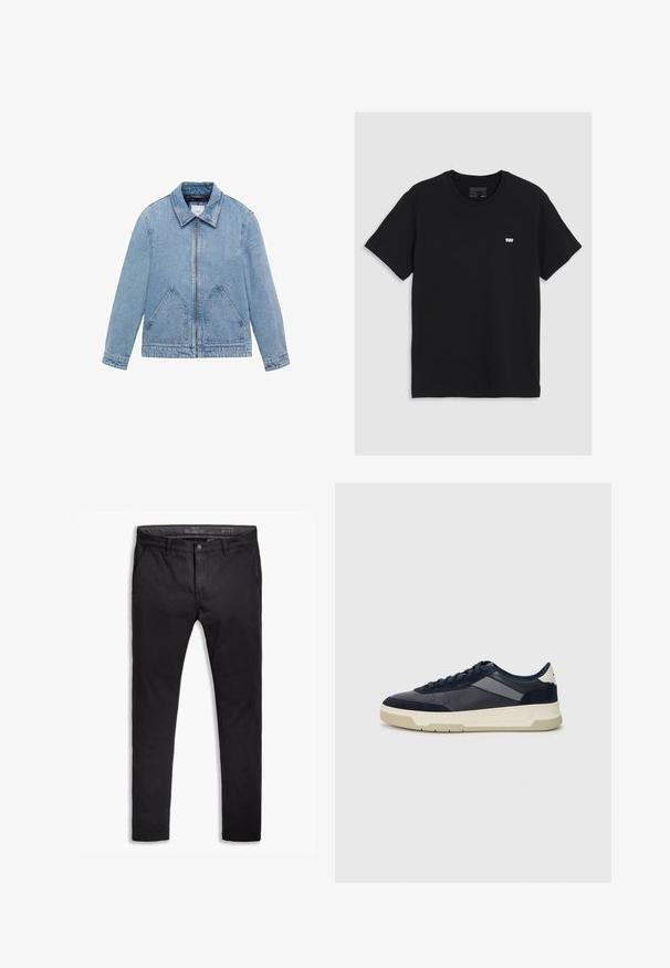 Svetlo modra denim jakna s ovratnikom, sprednjim zadrgo, dvema trikotnima žepoma in dolgimi rokavi. Gladka tekstura, sproščen dizajn.; Črna bombažna majica s kratkimi rokavi, okroglo izrezana, z manjšim belim logotipom Levi's na prsih, gladka tekstura, klasičen kroj.; Črne bombažne chinos hlače s ozkim krojem, ki imajo pet žepov, pasne zanke in gladko teksturo. Zadrga in gumb za zapiranje.; BOSS BALTIMORE - Športni copati - open blue