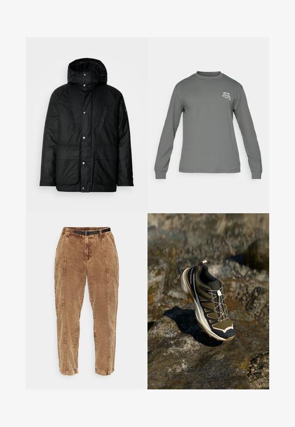 Fekete, szigetelt dzseki kapucnival, patentos záródással, két elülső zsebbel és textúrált felülettel. Kényelmes, laza dizájnnal rendelkezik.; Hosszú ujjú ing szürke anyagból, kerek nyakkivágással és fehér grafikai logóval a bal mellrészen. Simá szövet és letisztult dizájn.; Barna kordbársony nadrág, texturált felülettel, fekete állítható övvel, oldalzsebekkel és kényelmes fazonnal. A nadrág a bokák felé szűkül.; Olívazöld és fekete túrabakancs rózsaszín részletekkel. Jellemzői közé tartozik a texturált felsőrész, a rugalmas talp, a megerősített orr- és a színes fűzőrendszer.