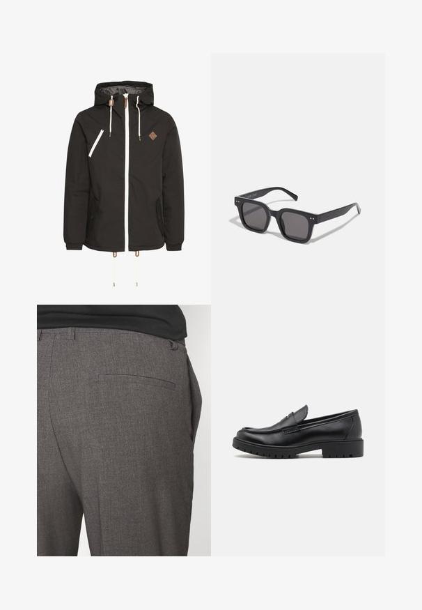 Black hooded jacket with a white zipper, two side pockets, a small chest pocket, and brown accents on the drawstrings and logo badge.; Black and white crew-neck t-shirts, short sleeves, made from cotton fabric, smooth texture, featuring branding on the neckline.; Gray tailored trousers with a smooth texture, featuring a single back pocket and a slim fit design. Fabric has a subtle pattern.; Black leather loafers with a rounded toe, slip-on design, and thick rubber sole featuring a textured grip. Elevated heel and subtle stitching details.; Black rectangular sunglasses with dark lenses, featuring a thick frame, subtle accents on the sides, and no visible logos beyond the brand name.; Cotton tote bag in cream with a large teal logo featuring curved lines. The bag has sturdy fabric handles for carrying.