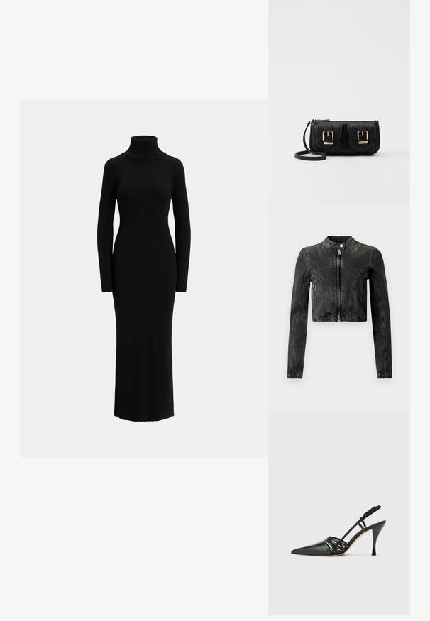 Črno skrajšano jeansa jakno z dolgimi rokavi, zadrgo na sprednji strani, zapiralo na gumbi in dvema stranskima žepoma z zadrgo.; Črna obleka z dolgimi rokavi in visokim ovratnikom, izdelana iz gladkega pletenega materiala. Ima oprijeto silhueto in sega do sredine meč.; Črne usnjene visokoodporne čevlje s peto in koničastim prstom, zasnovo križnega traku in vitko stileto peto. Gladka tekstura in minimalni poudarki.; Črna usnjena torbica čez ramo z dvema sprednjima žepoma, zlatimi zaponkami, zadrgo in ozkim pasom. Tekstura površine je strukturirana, obliko pa ima kompaktno pravokotno.