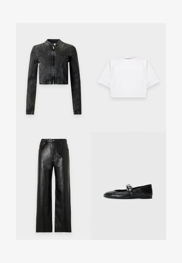 Crna skraćena traper jakna s dugim rukavima, zatvaračem sprijeda, preklopom na dugme i dvije bočne džepove sa zatvaračem.; Skraćena bijela majica od mekog materijala, s kratkim rukavima, okruglim izrezom i rebrastim detaljima na rubu. Jednostavan i neukrašen dizajn.; Crne hlače ravnih nogavica od kože s sjajnim završetkom, s prednjim džepovima, patentnim zatvaračem i kopčanjem na gumb. Glatka tekstura na cijelom predmetu.; Crne kožne baletanke s špicastim nosom, s remenom s okruglom metalnom kopčom i ravnim potplatom.