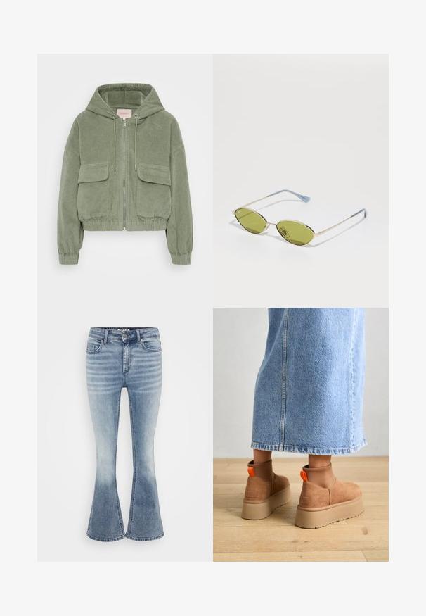 Zöld kordbársony dzseki kapucnival, rövidített fazon, ezüst cipzáros elülső rész, két rakott zseb a mellkasán, valamint bordázott mandzsetták.; Even&Odd Petite 2 PACK - Felső - light grey/black; Világoskék, trapéz farmerek, amelyek denim anyagból készültek, klasszikus öt zsebes kialakítással, elöl cipzáros záródással és finom elhalványulással a combokon.; Barna velúr platform csizmák elasztikus oldalsó panelekkel és narancssárga húzófülekkel, amelyek egy térdközépig érő világoskék farmer szoknyával vannak párosítva egy fás padlón.; Olívazöld napszemüveg vékony arany kerettel és kék díszítésű szárakkal. Ovális lencsék és minimalista dizájn.