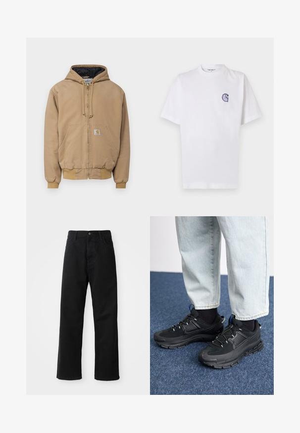 Carhartt WIP ACTIVE JACKET - Light jacket - peanut aged canvas; White cotton t-shirt with short sleeves, round neckline, and a small, embroidered blue "C" logo on the left chest area.; Black denim pants with a straight cut, featuring front pockets, a zip fly, and a single top button. Textured fabric with a matte finish.; Black athletic shoes with textured fabric and rubber soles, featuring elastic laces and a blue accent on the heel. Worn with light denim pants.