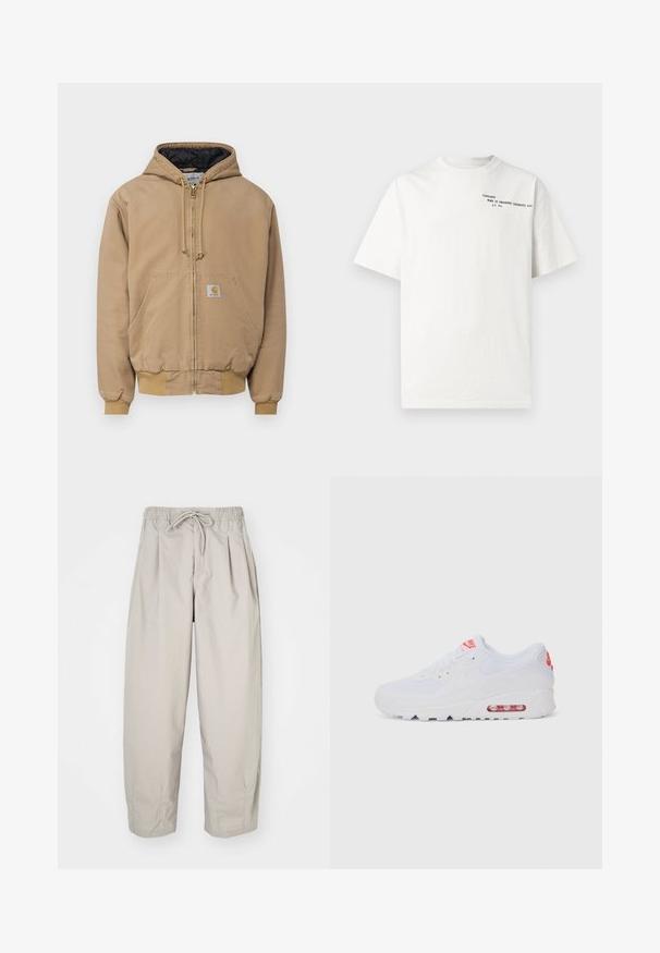 Carhartt WIP ACTIVE JACKET - Giacca da mezza stagione - peanut aged canvas; T-shirt bianca in cotone con maniche corte, scollo rotondo e testo stampato nero sul petto con la scritta "Carhartt Work in Progress 1989."; Pantaloni beige leggeri con vita elastica e coulisse. Presentano delle pieghe e una vestibilità ampia, realizzati in tessuto morbido e liscio.; Sneaker atletica bianca con tomaia liscia, chiusura con lacci, suola ammortizzata e un'unità d'aria visibile con accenti rossi sul branding.