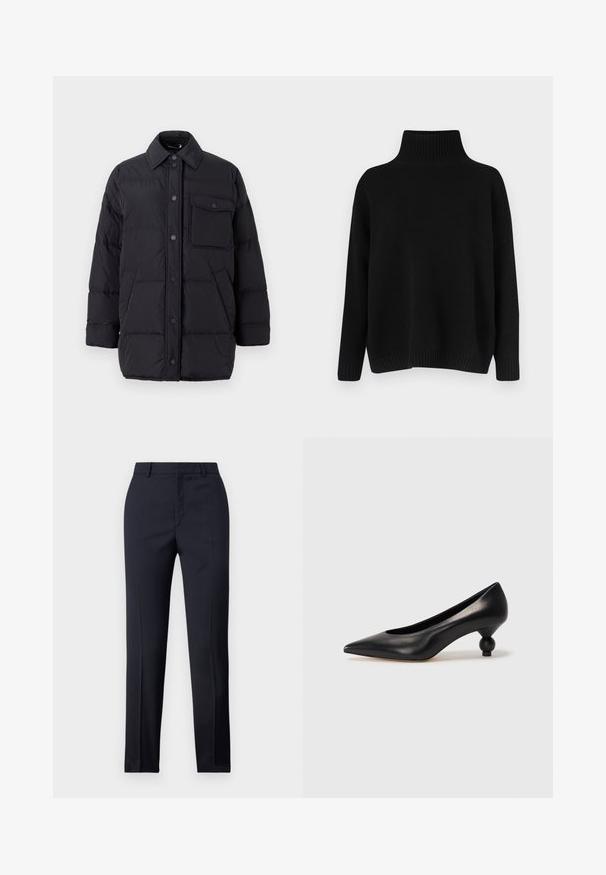 Weekend Max Mara CARLOS - Down coat - nero; Black knitted sweater with a high ribbed collar, dropped shoulders, and a relaxed fit. Features ribbed cuffs and hem for texture.; Navy tailored trousers with a straight cut, featuring a smooth texture, two front pockets, and a clean waistband.; Black leather high heel shoe with a pointed toe and a round, balled heel. Smooth texture with a sleek, minimal design.