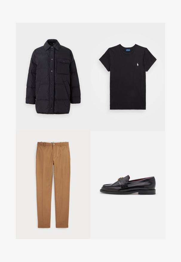 WEEKEND MaxMara CARLOS - Daunenmantel - nero; Schwarzes Baumwoll-T-Shirt mit Rundhalsausschnitt, kurzen Ärmeln und einem weißen gestickten Logo auf der linken Brust. Glatte Textur, lässiges Design.; Braune Baumwollhosen mit schmalem Schnitt, flachem Vorderteil und Standardtaschen; glatte Textur und abgeschnittene Säume.; Schwarze Lederloafers mit einem gestickten Muster, glatter Textur, goldenen Schnallendetails und einer runden Zehenform, auf einer niedrigen schwarzen Sohle.