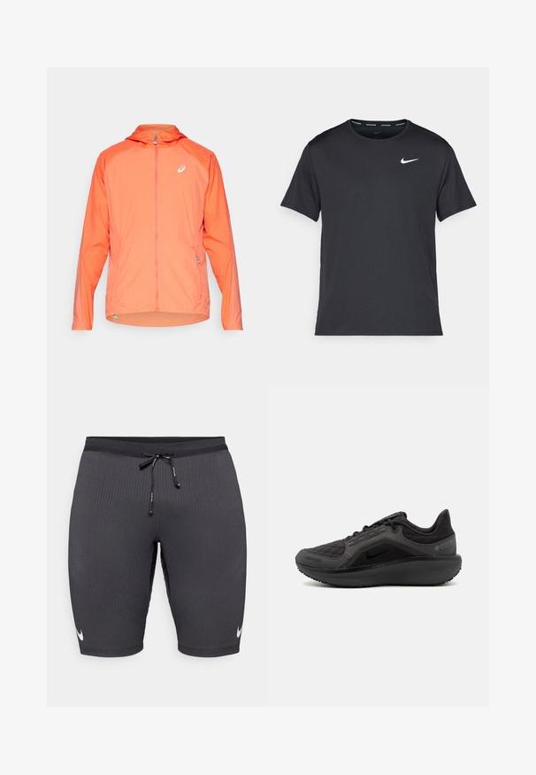 Leichte, kapuzenjacke in leuchtendem Orange mit durchgehendem Reißverschluss, versehen mit einem dezenten Logo und elastischen Bündchen. Texturiert mit einer glatten Oberfläche.; Schwarzes Nike Lauft-Shirt aus leichtem, atmungsaktivem Material, mit kurzen Ärmeln und einem kleinen weißen Logo auf der Brust.; Schwarze Sportshorts aus geripptem Stoff, mit einem Kordelzugbund und einem kleinen weißen Nike-Logo auf der linken Seite.; Schwarzer Sportschuh mit strukturiertem, gestepptem Obermaterial, schlankem Design und schwarzem Gummisohle. Verfügt über ein sichtbares Logo und Gore-Tex-Branding.