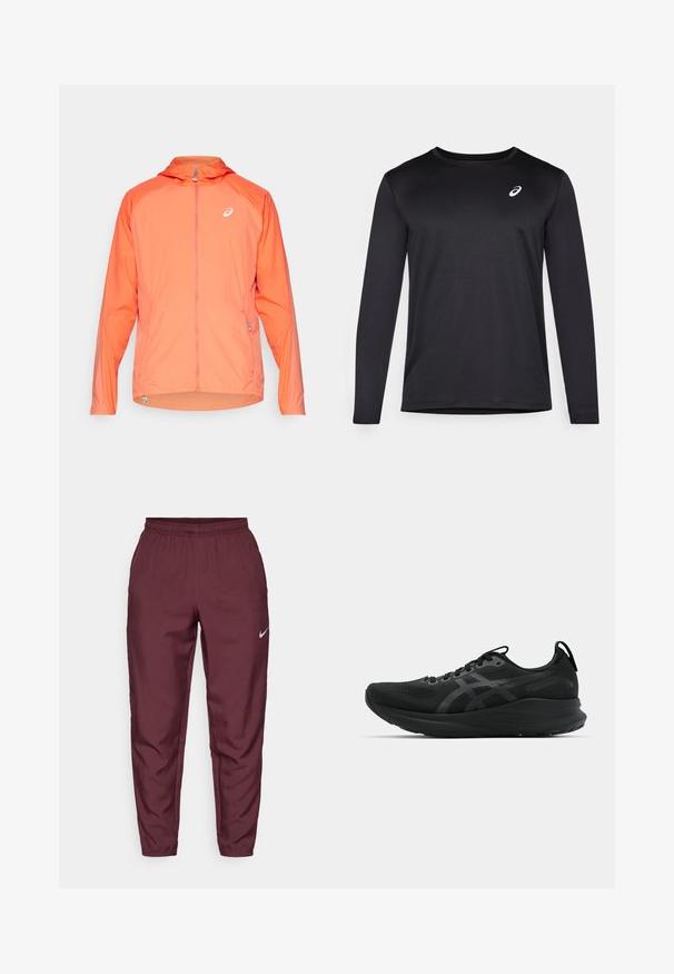 Lekka, kapturowa kurtka w jaskrawym pomarańczowym kolorze z pełnym zamkiem błyskawicznym, z dyskretnym logo i elastycznymi mankietami. Teksturowany materiał o gładkim wykończeniu.; Czarna, długosleeve'owa koszulka sportowa z teksturowanej tkaniny, z okrągłym dekoltem i małym logo na klatce piersiowej.; Bordowe spodnie dresowe Nike z elastycznym pasem, zwężanymi nogawkami i srebrnym logo. Wykonane z lekkiego materiału, o gładkiej strukturze i bez wzorów.; Czarne sportowe buty z siateczkowym wierzchem, sznurowanym zapięciem, wzmocnionym piętą i teksturowaną podeszwą. Posiadają subtelne odblaskowe akcenty z logo.