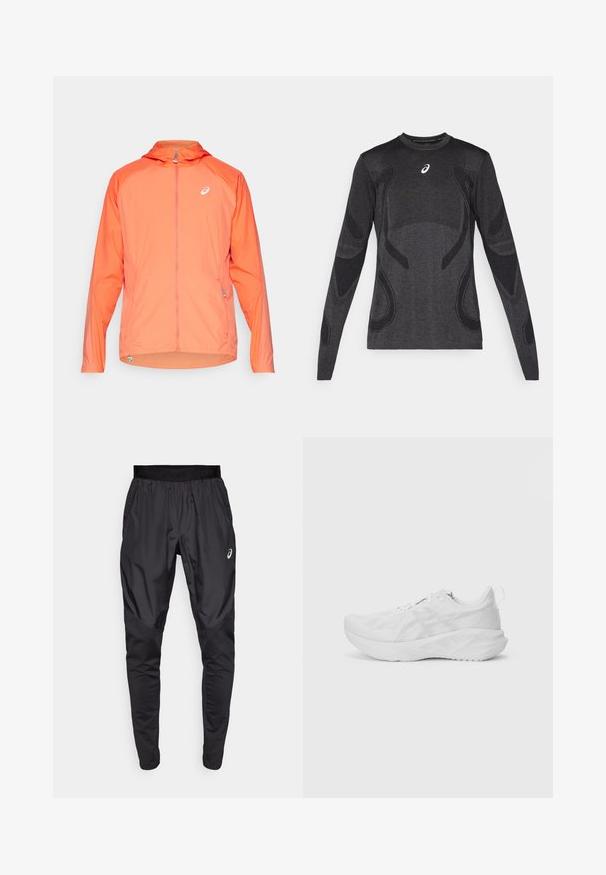 Kevyt, hupullinen takki kirkkaassa oranssissa värissä, jossa on täysi vetoketju, hienovarainen logo ja joustavat hihansuut. Rakenteellinen kangas, jossa on sileä pinta.; Pitkähiha urheilu toppi tummanharmaana, jossa on tekstuurisia design-yksityiskohtia vaaleammassa harmaassa. Pyöreä kaula-aukko ja logo rinnassa.; Mustat urheiluhousut, joissa on joustava vyötärö, sivutaskut ja kontrastiväriset kangaspaneelit jaloissa. Asics-logo lantiolla.; Valkoinen urheilukenkä, jossa on teksturoitu verkkomateriaali, innovatiivinen vaimennus, kaareva pohja ja kantapään vetonauha helppoa päälle laittoa varten.