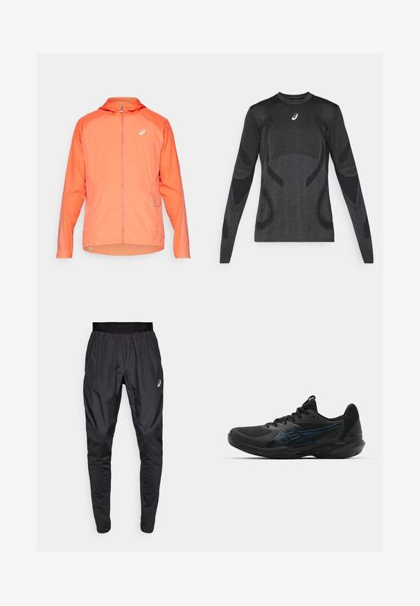 Lätt, hooded jacka i klar orange med full dragkedja, med en subtil logotyp och elastiska ärmslut. Strukturerad tyg med en mjuk finish.; Långärmad sporttopp i mörkgrått, med strukturerade designdetaljer i ljusgrått. Rundad halsringning med logotyp på bröstet.; Svarta träningbyxor med elastisk midja, sidofickor och kontrasterande texturpaneler på benen. Asics-logga på höften.; ASICS SOLUTION SPEED FF 3 CLAY - Tennisskor för grus - black/prism blue
