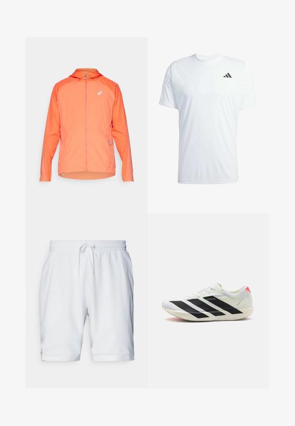 Lehká kapucňová bunda v jasně oranžové barvě s plným zipem, s jemným logem a elastickými manžetami. Texturovaná látka s hladkým povrchem.; Bílý sportovní tričko s krátkým rukávem vyrobené z lehké tkaniny, s černým logem Adidas na horní levé části hrudi.; Bílé sportovní šortky s elastickým pasem a nastavitelnou tkaničkou. Hladká tkanina s jemnou strukturou, obsahující boční kapsy.; Bílé sportovní boty s černými diagonálními pruhy, lehký síťovaný materiál, zelené akcenty a červená patní klapka; mají štíhlý, prodloužený design.