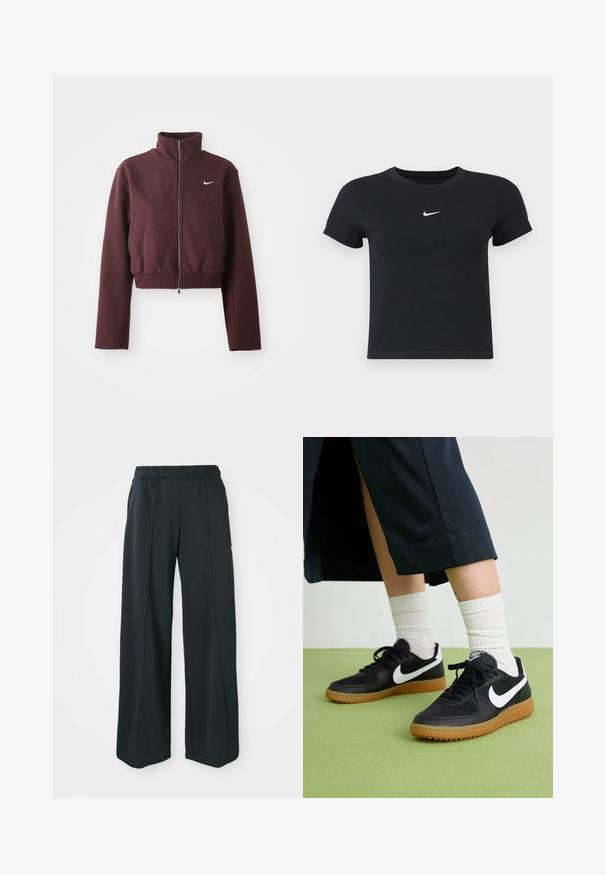 Jaqueta curta bordô com gola alta, fecho de zíper, bainha canelada e mangas longas. Apresenta o logo branco da Nike no lado esquerdo do peito.; T-shirt preta de manga curta feita de algodão, com decote redondo. Apresenta um logótipo branco da Nike no peito, design minimalista e corte ajustado.; Calças atléticas largas e pretas com um cós elástico. Feitas de um tecido liso e elástico, com costuras frontais discretas e sem bolsos.; Sapatilhas pretas em couro e sintético com o logo da Nike em branco, sola de borracha tipo goma, bico redondo e atacadores pretos. Meias brancas com frunces visíveis.