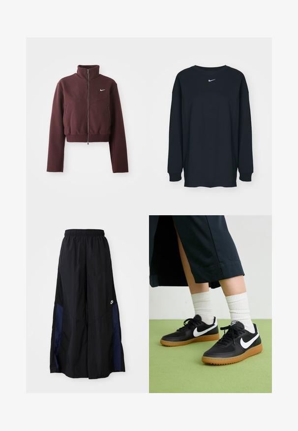 Jaqueta curta bordô com gola alta, fecho de zíper, bainha canelada e mangas longas. Apresenta o logo branco da Nike no lado esquerdo do peito.; Camisola preta de mangas longas feita de algodão com decote redondo. Apresenta um logótipo branco da Nike no peito. Textura suave, design simples.; Calças largas pretas feitas de tecido leve, com um painel lateral azul-marinho e cintura elástica. Pequeno logótipo branco na parte inferior.; Sapatilhas pretas em couro e sintético com o logo da Nike em branco, sola de borracha tipo goma, bico redondo e atacadores pretos. Meias brancas com frunces visíveis.