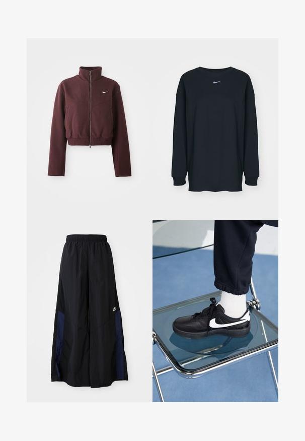 Veste bordeaux raccourcie avec col montant, fermeture éclair, ourlet côtelé et manches longues. Présente le logo Nike blanc sur la poitrine gauche.; T-shirt noir à manches longues en coton avec un col rond. Présente un logo Nike blanc sur la poitrine. Texture douce, design simple.; Pantalons larges noirs en tissu léger, avec un panneau latéral bleu marine et une taille élastique. Petit logo blanc en bas.; Baskets Nike noires avec des accents blancs, présentant une texture en cuir lisse, un design à lacets et un bout rond, placées sur une chaise en verre.