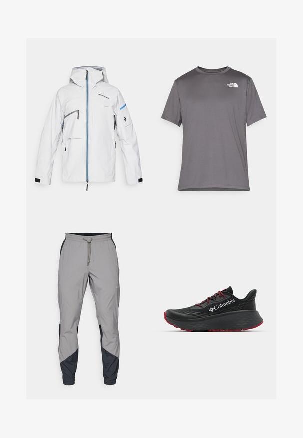 White waterproof jacket with a hood, blue zipper, multiple pockets, and black Velcro cuffs; features a minimalistic design and logo detail.; Gray short-sleeve athletic t-shirt made of smooth, lightweight fabric. Features a white logo on the left chest area. Round neck design.; Lightweight, gray athletic pants with black accents. Elastic waistband, drawstring closure, tapered leg design, and side pockets.; Black athletic shoe with textured upper, red laces, and logo. Thick sole with patterned tread for traction. Minimalist design, side view.