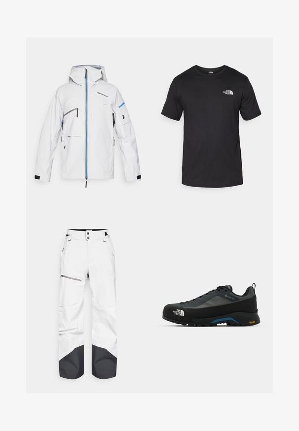 Weiße wasserdichte Jacke mit Kapuze, blauer Reißverschluss, mehreren Taschen und schwarzen Klettverschlussmanschetten; verfügt über ein minimalistisches Design und Logodetails.; Schwarzes T-Shirt mit kurzen Ärmeln aus Baumwolle, mit einem runden Ausschnitt und einem kleinen weißen Logo auf der oberen linken Brust.; Weiße Schneehosen mit schwarzen Akzenten am Saum, ausgestattet mit einer Reißverschlusstasche am Oberschenkel und Druckknopfverschluss. Hergestellt aus wetterbeständigem Material.; The North Face VERTO ALPINE GORE TEX - Hikingschuh - asphalt grey/tnf black