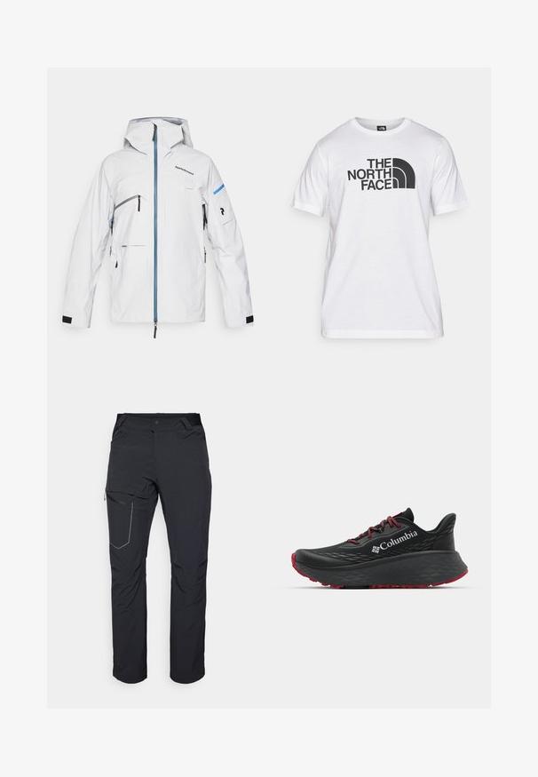 Weiße wasserdichte Jacke mit Kapuze, blauer Reißverschluss, mehreren Taschen und schwarzen Klettverschlussmanschetten; verfügt über ein minimalistisches Design und Logodetails.; Weißes Baumwoll-T-Shirt mit einem schwarzen Grafikdruck, der Text und ein geschwungenes Logodesign zeigt. Runder Halsausschnitt und kurze Ärmel. Schlichte Textur.; Schwarze Outdoor-Hosen mit einem Reißverschlusstaschen an den Oberschenkeln, elastischem Bund und glattem, wasserabweisendem Stoff. Sauberes Design ohne sichtbare Logos.; Schwarzer Sportschuh mit strukturiertem Obermaterial, roten Schnürsenkeln und Logo. Dicke Sohle mit strukturiertem Profil für Traktion. Minimalistisches Design, Seitenansicht.