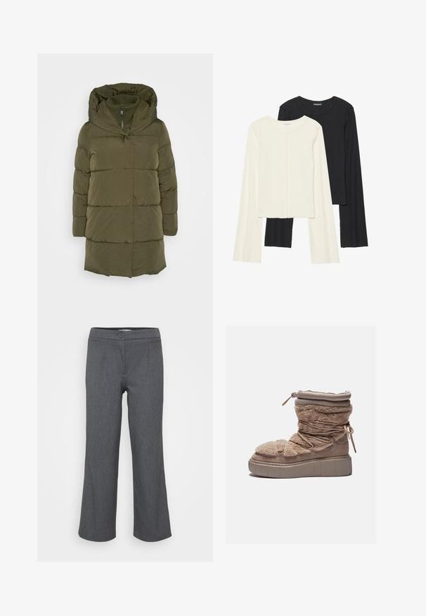 Casaco acolchoado verde-oliva com capuz destacável, fecho frontal com zíper e painéis cosidos. Apresenta mangas longas e uma silhueta reta.; Conjunto de duas blusas de manga longa em branco e preto. Textura canelada, decote redondo, design ajustado com mangas ligeiramente evasê.; Calças cinzentas, ajustadas, com um cós liso, fecho de botão único e corte largo. Textura suave com um padrão tecido subtil.; Botim curto felpudo em bege com sola de plataforma robusta, parte superior franzida e atacadores elásticos. Apresenta um fecho zip e uma textura de tecido suave.