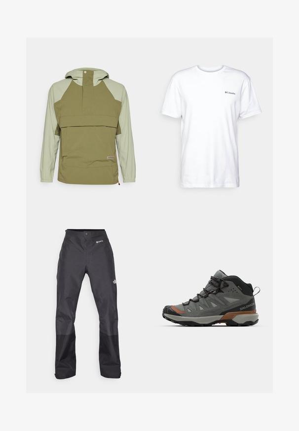 Icepeak YUA - Corta-vento - olive; T-shirt branca de algodão com mangas curtas, gola redonda e um pequeno logotipo preto da Columbia no lado esquerdo do peito. Design suave e simples.; Calças impermeáveis pretas com uma textura suave, apresentando um logotipo GORE-TEX na frente, e pernas inferiores reforçadas para maior durabilidade.; Shoe de caminhada de corte médio em malha cinza e camurça, com sola de borracha, frente com atacadores e detalhes em laranja, projetado para durabilidade e conforto.