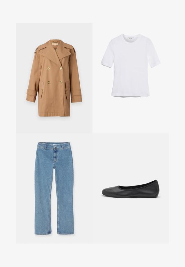 Bruine dubbele trenchcoat gemaakt van katoen. Voorzien van grote gouden knopen, brede revers en twee voorzakken. Middellange mouwen.; Witte korte mouwen t-shirt van ribstof. Ronde halslijn, normale pasvorm en subtiele stiksels. Geen patronen of grafische elementen.; Lichtblauwe recht gesneden denim jeans met knoop- en ritssluiting, riemlussen en standaard stiksel op een witte achtergrond.; Zwarte leren ballerina met een ronde neus, gladde textuur, minimale stikdetails en een flexibele zoolontwerp.