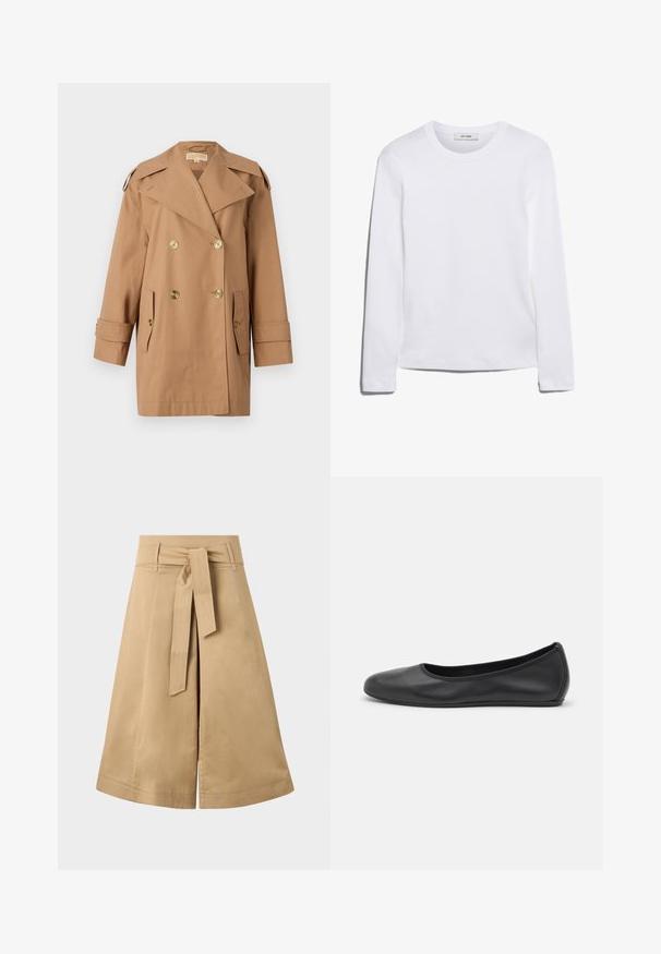 Manteau trench beige à double boutonnage en coton. Équipé de grands boutons dorés, de larges revers et de deux poches avant. Manches mi-longues.; T-shirt blanc à manches longues en coton côtelé, avec un col rond et un ourlet droit. Design simple sans motifs ni accents.; Jupe midi en khaki avec une ceinture à nouer, fabriquée en coton léger, présentant une silhouette évasée et des détails de couture visibles.; Ballerines en cuir noir avec un bout rond, texture lisse, détails de couture minimalistes et design de semelle flexible.