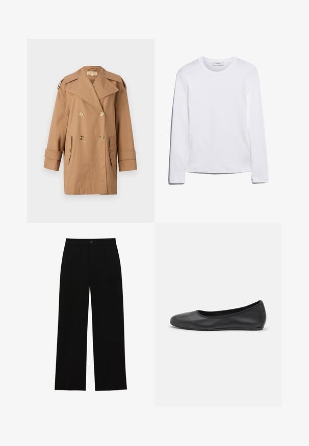 Cappotto trench doppiopetto marrone realizzato in cotone. Caratterizzato da grandi bottoni dorati, ampi risvolti e due tasche frontali. Maniche di lunghezza intermedia.; T-shirt bianco a maniche lunghe realizzato in cotone a coste, con scollo rotondo e orlo dritto. Design semplice senza motivi o accenti.; Pantaloni neri a vita alta, a gamba larga, realizzati in un tessuto morbido, con davanti piatto, chiusura con bottone e senza tasche visibili.; Pantofole da balletto nere in pelle con punta arrotondata, texture liscia, dettagli di cucitura minimi e design con suola flessibile.