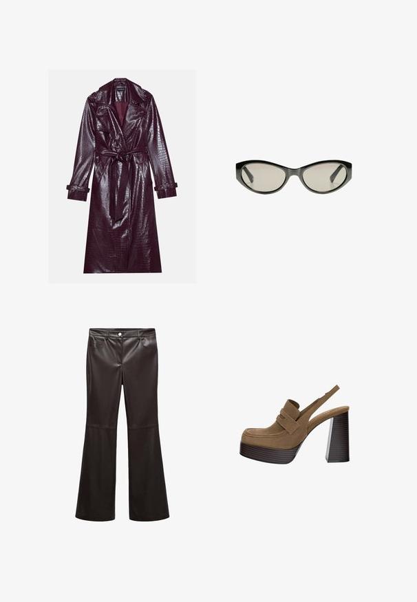 Even&Odd Trenchcoat - bordeaux; Massimo Dutti FLOWING GARMENT WITH RUFFLES - Hemdbluse - beige; Schwarze ausgestellte Hosen aus glattem Kunstleder, mit Vordertaschen, Reißverschluss und silbernem Knopf. Betonte Nähte.; Braune Wildleder-Plateaupumps mit einem dicken, gerippten Blockabsatz und einem breiten Riemen über dem Obermaterial, ausgestattet mit einem runden Zehendesign.; Schwarze Cat-Eye-Sonnenbrille mit grau getönten Gläsern. Der Kunststoffrahmen hat scharfe Kanten und eine glatte, glänzende Oberfläche.