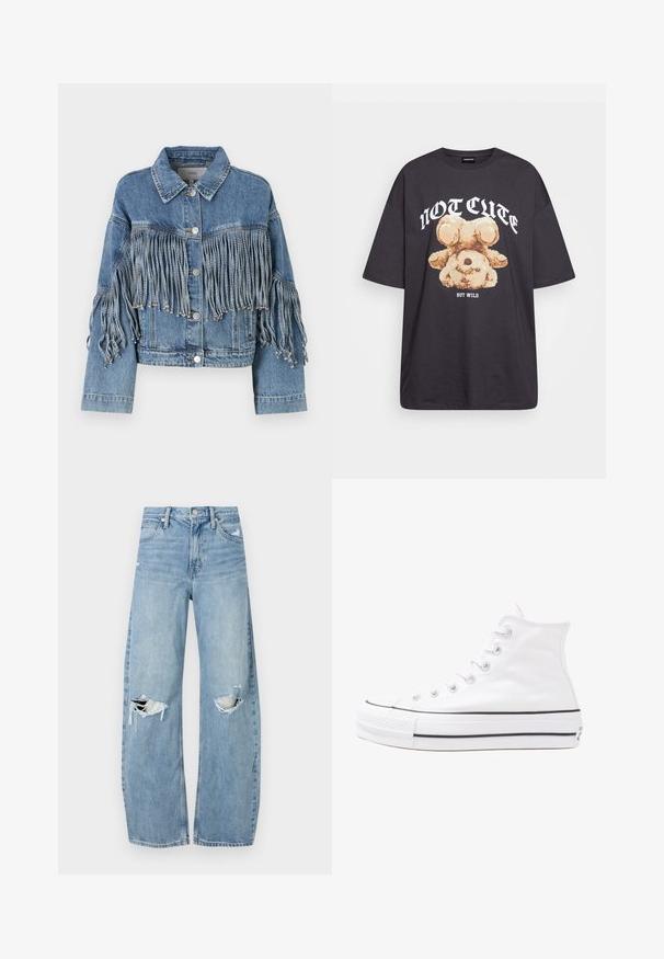 YAS YASAIKO FRINGE JACKET - Traper jakna - medium blue denim; Crna oversized majica s grafikom medvjeda i natpisom "NIJE SLATKO, ALI DIVLJE" u podebljanim, bijelim slovima. Pamuk.; Svijetloplave, visoko-strukirane traperice. Imaju široke nogavice, dva razderana područja na koljenima i klasičan stil s pet džepova.; Bijela visoka platnena tenisica s crnom gumenom potplatom, prednjim gumenim zaštitnikom prstiju i šest rupa za vezanje, s čistim, minimalističkim dizajnom.