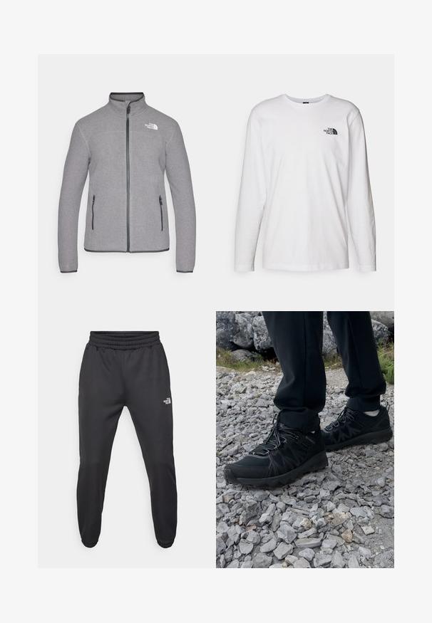 Giacca in pile grigia con colletto alto, zip completa e due tasche laterali. Presenta un logo sobrio in bianco sul lato sinistro del petto.; T-shirt bianco a maniche lunghe in cotone con colletto rotondo. Presenta un piccolo logo nero sul petto. Texture liscia, vestibilità regolare.; Pantaloni sportivi neri con vita regolabile tramitecordino, vestibilità affusolata, polsini elasticizzati e un piccolo logo bianco sulla coscia sinistra, realizzati in tessuto morbido.; Scarpe da esterni nere realizzate in mesh e materiale sintetico, con una parte superiore testurizzata, un sistema di allacciatura sicuro e una suola robusta, su terreno roccioso.