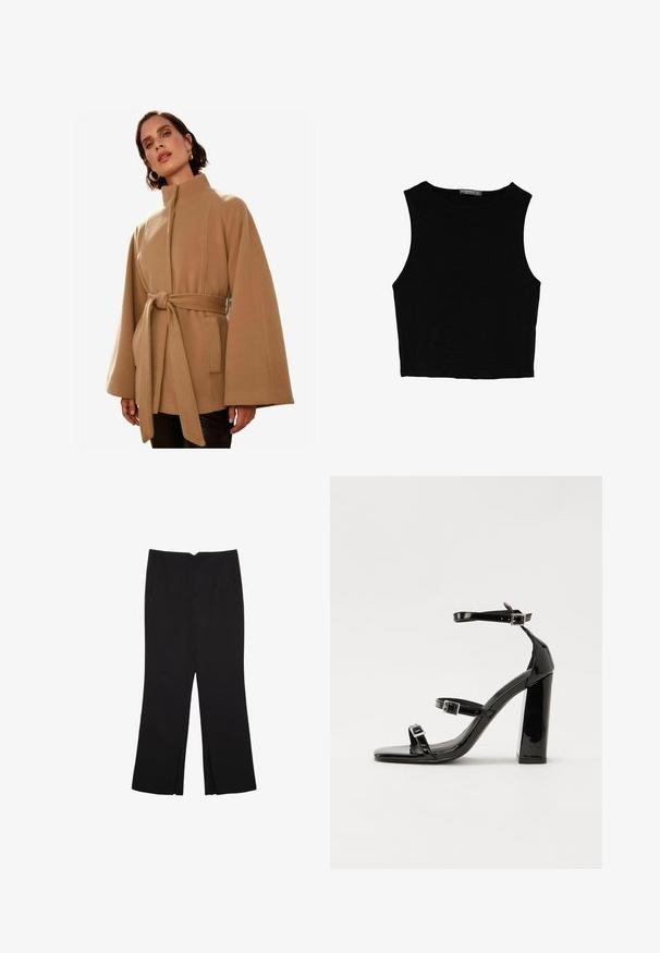 Tan ullblandad kappa med hög krage, vida ärmar och ett knytbälte i midjan; har strukturerad tyg och sidofickor.; Svart ärmlös crop top i mjukt tyg, med rund hals och en ren, enkel design utan mönster eller detaljer.; Svarta byxor med rak passform, utrustade med framfickor och sidoklyvningar vid fållen. Tillverkade av mjukt, slätt tyg. Lämpliga för olika tillfällen.; Svarta lackerade klacksandaler med fyrkantig tå, ankelremmar och silverfärgade spännen. Har en kraftig blockklack för stabilitet.