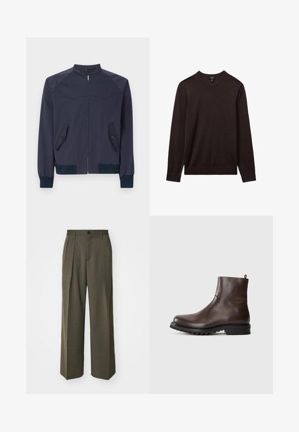 Giacca bomber blu navy con colletto alto, zip frontale e due tasche inclinate; presenta polsini e vita a costine.; Reiss Maglione - dark bordeaux; Filippa K WIDE TROUSERS - Pantaloni - driftwood; Stivale alla caviglia in pelle marrone con una texture liscia, pannelli laterali elasticizzati, linguetta sul retro e suola in gomma robusta.