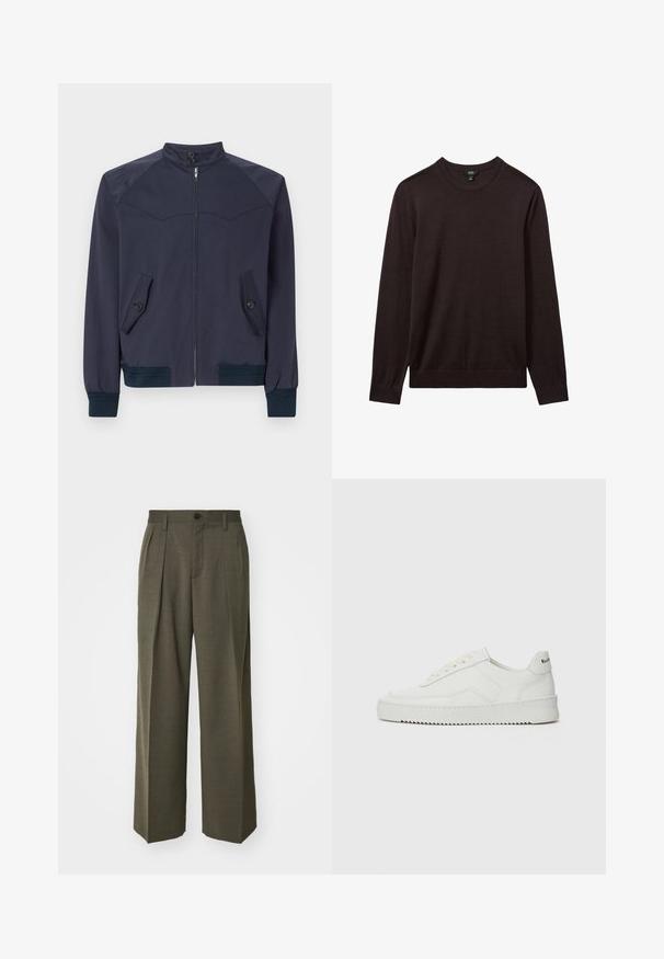 Veste aviateur bleu marine avec col montant, fermeture éclair sur le devant et deux poches inclinées ; comporte des poignets et une taille côtelés.; Reiss Pullover - dark bordeaux; Filippa K WIDE TROUSERS - Pantalon classique - driftwood; Baskets en cuir blanc avec une finition lisse, bout arrondi, lacets plats et semelle texturée. Présente un logo discret sur le talon.