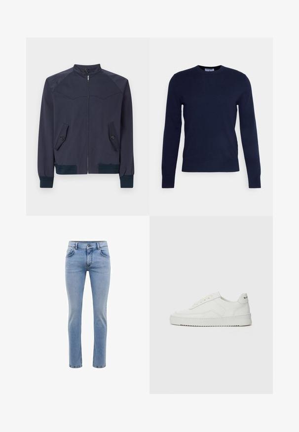 Marineblaue Bomberjacke mit Stehkragen, Frontreißverschluss und zwei schrägen Taschen; mit gerippten Bündchen und Saum.; Dunkelblauer Rundhalsausschnitt-Pullover aus weichem Material, mit langen Ärmeln und geripptem Saum. Keine sichtbaren Muster oder Verzierungen.; Hellblaue, slim-fit Jeans aus Denim mit fünf Taschen und geradem Bein. Mit Reißverschluss und Gürtelschlaufen ausgestattet. Weicher Stoff.; Weiße Ledersneaker mit glatter Oberfläche, runder Zehenpartie, flachen Schnürsenkeln und strukturiertem Sohlenprofil. Mit einem dezenten Logo an der Ferse.