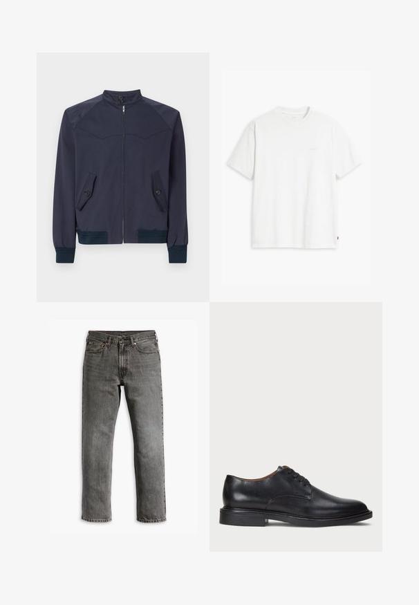 Jachetă bomber de culoare albastru marin, cu guler înalt, fermoar frontal și două buzunare oblice; are manșete și talie ribbate.; Tricou alb din bumbac cu mâneci scurte, guler rotund și logo-ul subtil Levi's imprimat în centrul său. Textură moale și croială standard.; Jeanși din denim gri, cu croială dreaptă, design cu cinci buzunare și accesorii din alamă pentru închidere și detalii. Textură uzată vizibilă.; Pantofle din piele neagră cu vârful rotund, design cu șireturi și toc jos stratificat. Textură netedă cu detalii de cusătură minime.