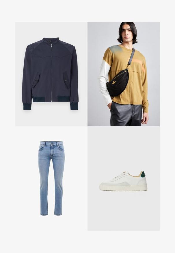 Mørkeblå bomberjakke med opretstående krave, frontlynlås og to skrå lommer; har ribstrikkede manchetter og talje.; Grå kortærmet T-shirt lavet af blødt, struktureret stof. Har en klassisk rund hals og en lige kant, velegnet til afslappet brug.; Lysblå denim jeans med en slim fit, fem lommer og et lige ben design. Har en lynlås og bæltestropper. Blød tekstur.; Hvide sneakers med ruskindsdetaljer, rund tå, flade snørebånd og en cremet gummisål. Har grøn branding på hælen.; Vivienne Westwood CITY BUMBAG UNISEX - Bæltetasker - black