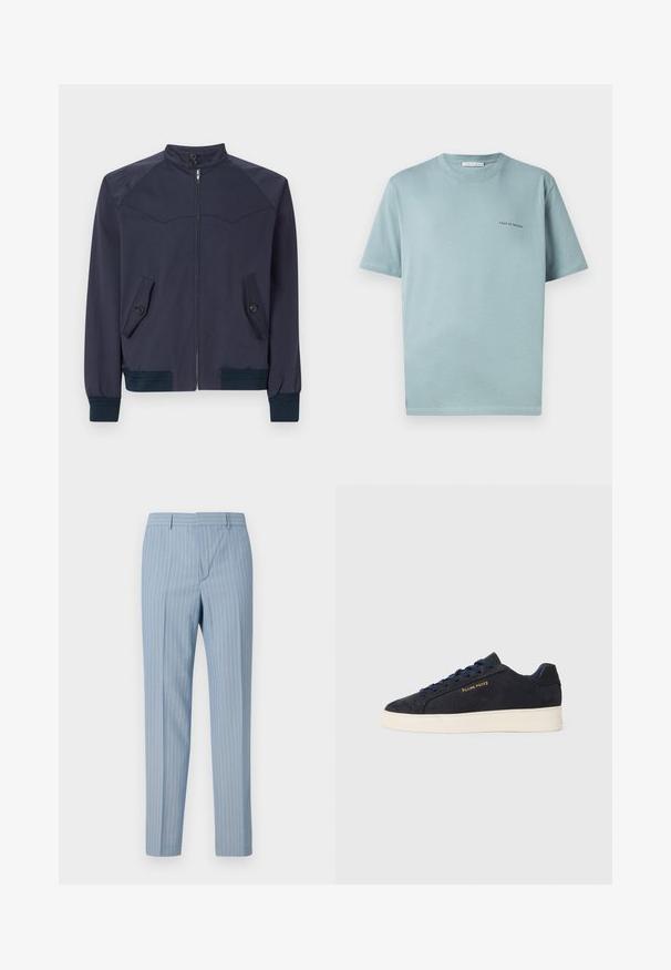 Navy blue bomber jacket with a stand-up collar, front zipper, and two angled pockets; features ribbed cuffs and waistband.; Light blue cotton T-shirt with a crew neck, short sleeves, and a small "TIGER OF SWEDEN" logo on the left chest. Smooth texture.; Light blue striped trousers with a slim fit, featuring vertical pinstripes in white. Made from a smooth fabric with a tailored design.; Navy blue suede low-top sneaker with white sole, navy laces, and "Filling Pieces" logo in gold on the side.