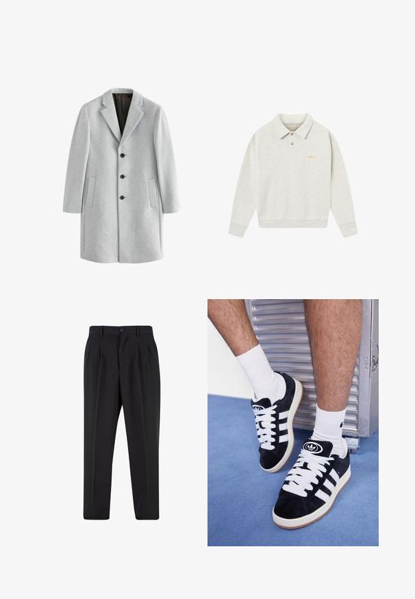 Cappotto in lana grigio chiaro con colletto a vista, quattro bottoni neri e due tasche laterali. Tessuto liscio con una vestibilità su misura.; Felpa polo grigia chiara realizzata in morbido tessuto, con pattina a bottoni, polsini a costine e logo ricamato in oro vicino al petto.; T-shirt bianca in cotone con scollatura a girocollo, maniche corte e vestibilità rilassata. Presenta un design semplice senza motivi o accenti.; Pantaloni neri con design a pieghe sul davanti, realizzati in tessuto morbido. Presentano una chiusura con bottone e passanti per cintura; vestibilità a gamba dritta.; Sneakers in suede nero con lacci bianchi e tre strisce bianche. Presentano un logo circolare nero sulla linguetta e una suola in gomma color gomma.