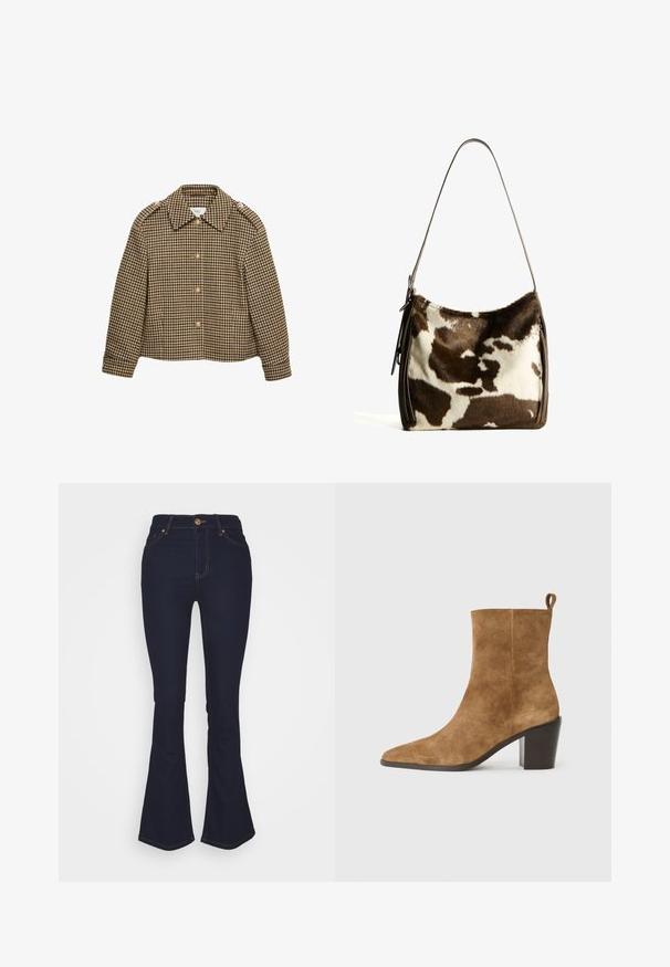 Brun og sort ternet cropped jakke med krave, knaplukninger og lange ærmer. Tekstureret stof med et klassisk mønster.; Hvid bluse med lange ærmer lavet af glat stof, med en bindebånd ved halsen og skræddersyede manchetter. Enkel, klassisk design uden mønstre.; Marks & Spencer Eva - Jeans Bootcut - blue denim; Brune ruskinds ankelsko med spids tå og en kraftig sort hæl, præsenteret mod en neutral baggrund.; Brun og creme farvet koe læder skuldertaske med en glat læderrem, lynlås lukning og en blød, tekstureret overflade med et naturligt mønster.