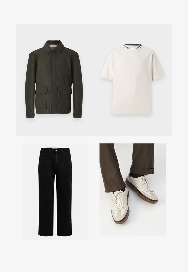 Olivenfarbene Wolljacke mit Kragen, Frontknopfverschluss und zwei großen, geknöpften Taschen. Merkmale sind der strukturierte Stoff und die gerade Passform.; Cremefarbendes Baumwoll-T-Shirt mit kurzen Ärmeln, das über einen runden Halsauschnitt mit navy- und weißen Streifen verfügt. Glatte Textur, lässige Passform.; Schwarze Jeanshose mit geradem Schnitt, klassischem Fünf-Taschen-Design und einem Knopfverschluss an der Taille. Glatte Textur und strapazierfähiger Stoff.; Beige Sneakers mit einer strukturierten Wildlederfront, glatten Lederseiten und einer braunen Gummisohle. Bändel und helle Nähdetails sind enthalten.