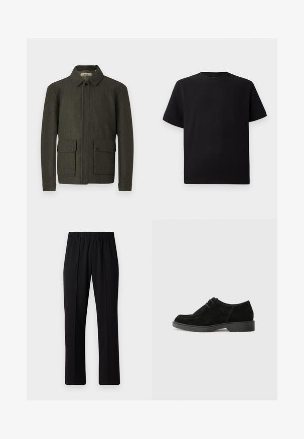 Olive green wool jacket with a collar, front button closure, and two large buttoned pockets. Features a textured fabric and straight fit.; Black short-sleeve T-shirt made of textured fabric, featuring a round neckline and a relaxed fit. Simple, no patterns or accents.; Black, elastic-waist trousers with a straight-leg design, featuring a smooth texture and no visible patterns or hardware.; Black suede dress shoe with a rounded toe, contrasting stitching, and a rubber sole. Features minimal lacing and a smooth upper design.