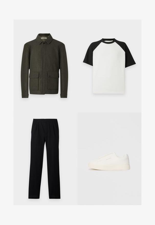 Veste en laine vert olive avec un col, fermeture à boutons sur le devant et deux grandes poches à bouton. Dispose d'un tissu texturé et d'une coupe droite.; T-shirt noir et blanc à manches courtes avec une texture côtelée ; possède des manches raglan et un col rond.; Pantalons noirs avec une taille élastique, jambes droites et plis subtils. Texture lisse et matériau léger. Pas de motifs visibles.; Baskets blanches sans lacets avec une surface texturée, une semelle épaisse et un design minimaliste. Présente le logo de la marque sur le côté.