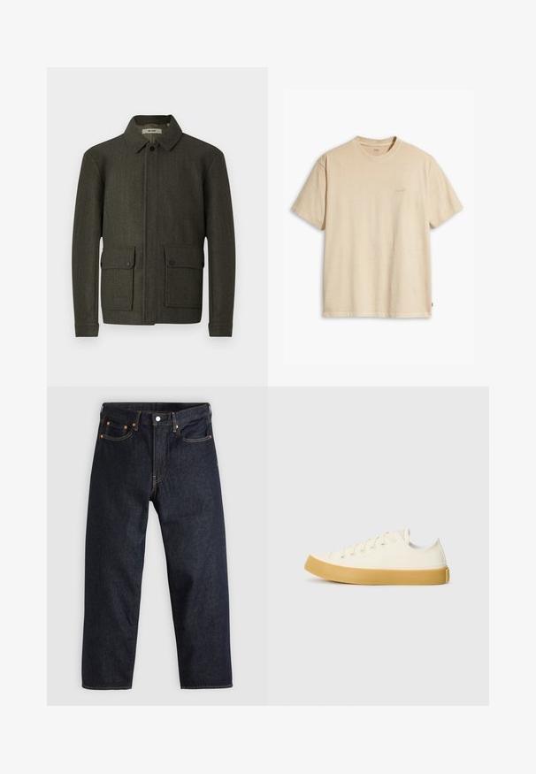Olívazöld gyapjú zakó, gallérral, elöl gombos záródással és két nagy gombos zsebbel. Texturált anyagú és egyenes szabású.; Beige pamut póló kerek nyakkal és rövid ujjakkal. Az elülső részen, ugyanabban a színben, egy diszkrét "Levi's" logó található. Puha tapintású.; Sötétkék farmernadrág egyenes szabással, öt zsebbel, kontrasztos narancssárga varrással és gombos záródással. Nem látható rajta mintázat vagy díszítés.; Krémszínű vászon sportcipő, kerek orral, bézs gumi talppal és öt fűzőlyukkal, a felső részen texturált felülettel.