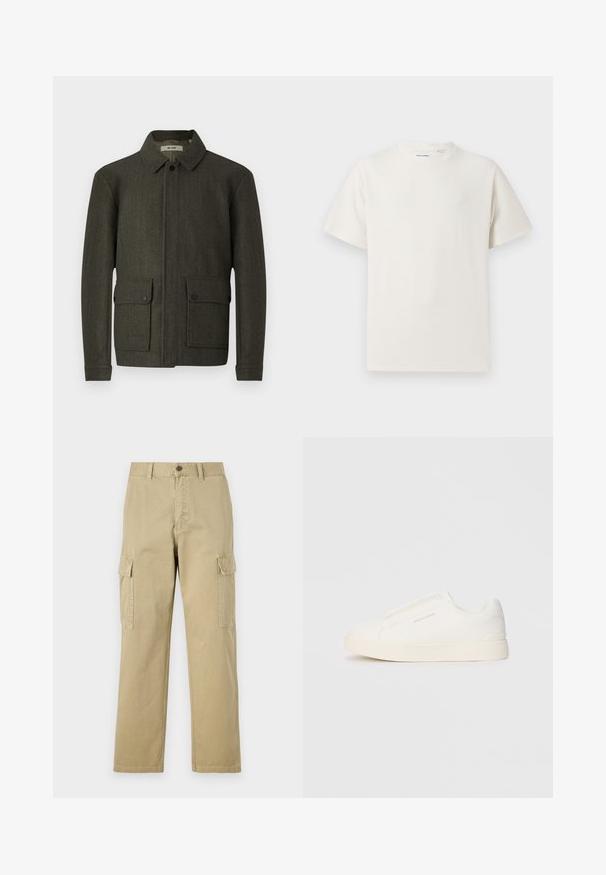 Veste en laine vert olive avec un col, fermeture à boutons sur le devant et deux grandes poches à bouton. Dispose d'un tissu texturé et d'une coupe droite.; T-shirt blanc à manches courtes en texture côtelée. Encolure ronde, coupe décontractée, sans motifs ni accents visibles. Design simple et polyvalent.; Pantalons cargo beiges en coton, dotés de deux poches latérales, d'une fermeture à bouton et de jambes droites avec un tissu légèrement texturé.; Baskets blanches sans lacets avec une surface texturée, une semelle épaisse et un design minimaliste. Présente le logo de la marque sur le côté.