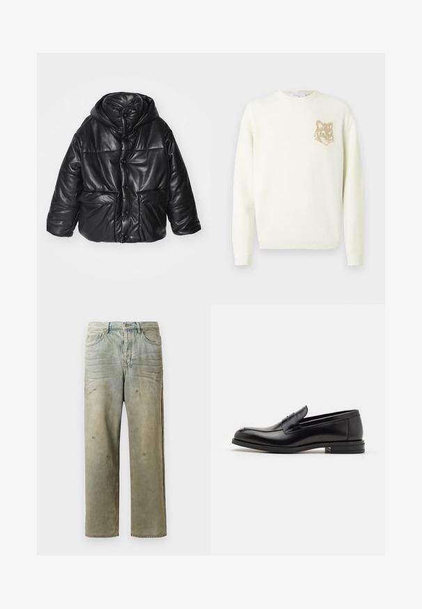 Czarna pikowana kurtka z ekoskóry z kapturem, z zatrzaskami, dwoma przednimi kieszeniami i błyszczącą teksturą.; Kremowy sweter z okrągłym dekoltem, z długimi rękawami oraz małą grafiką beżowej głowy lisa po lewej stronie klatki piersiowej, z ribbowanymi mankietami i dołem.; Zniszczone dżinsy w jasnym zielonym kolorze, z prostymi nogawkami, pięcioma kieszeniami oraz nierównomiernym blaknięciem i plamami farby.; Czarne skórzane mokasyny o gładkiej fakturze, zaokrąglonym nosku i dekoracyjnym pasku na przodzie. Niski, warstwowy obcas, minimalistyczny design.
