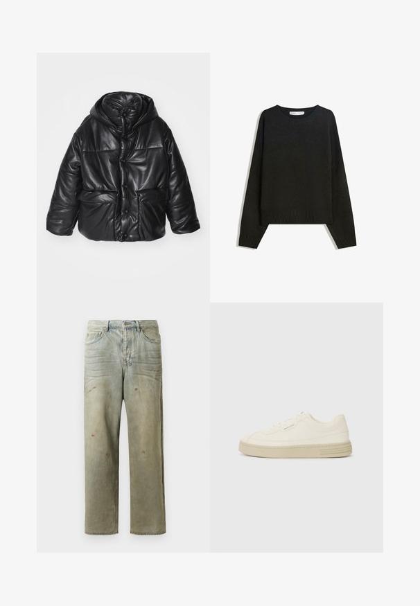 Čierna prešívaná bunda z umelého kože s kapucňou, s patentnými gombíkmi, dvoma prednými vreckami a lesklou textúrou.; Čierny pletený sveter s okrúhlym výstrihom, rebrovanými manžetami a lemom. Dizajn je široký s padnutými ramenami pre uvoľnený strih.; Zničené džínsy vo svetlozelenej farbe s rovnými nohavicami, piatimi vreckami a nerovnomerným vyblednutím so škvrnami od farby.; Biele plátenné tenisky s textúrovanou gumovou podrážkou, so šitým špičkovým krytom a logom na päte. Jednoduchý dizajn so šnurovaním.