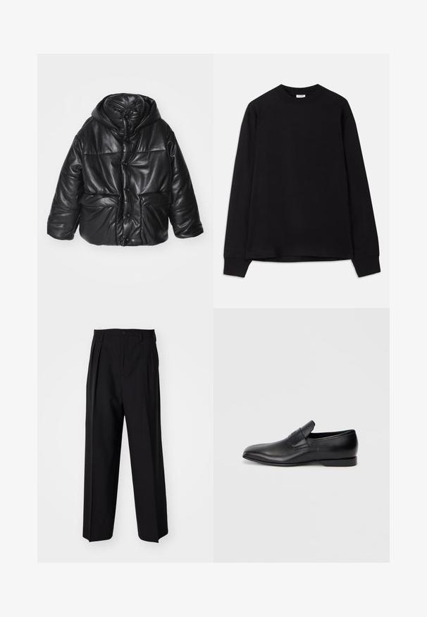 Jachetă neagră căptușită din piele ecologică, cu glugă, având capse, două buzunare frontale și o textură lucioasă.; Tricou negru cu mânecă lungă, confecționat din bumbac moale. Are un decolteu rotund, o croială lejeră și manșete cu nervuri. Fără modele sau logo-uri vizibile.; Pantaloni negri plisat cu un design drept și pantaloni largi. Construiți dintr-un material neted, prevăzuți cu închidere cu nasture și bucle pentru curea.; Pantofii negri din piele, slip-on, cu vârf ascuțit, textură netedă și branding subtil pe lateral. Toc jos cu un design curat și minimal.