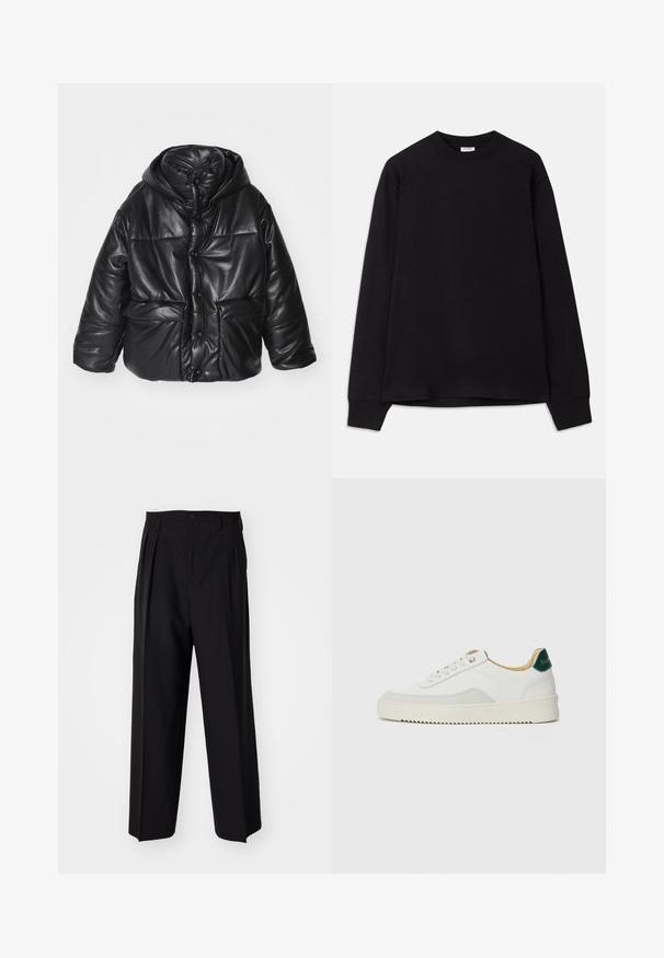 Black padded jacket in faux leather with a hood, featuring snap buttons, two front pockets, and a glossy texture.; Black long-sleeve t-shirt made of soft cotton. Features a round neckline, loose fit, and ribbed cuffs. No visible patterns or logos.; Black pleated trousers with a straight, wide-leg design. Made from smooth fabric, featuring a button closure and belt loops.; White sneaker with suede accents, rounded toe, flat laces, and a cream rubber sole. Features green branding on the heel.